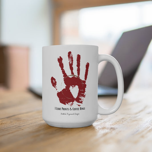 I Leave Prints & Coffee Rings Mug – 15oz Creative Handprint Coffee Cup