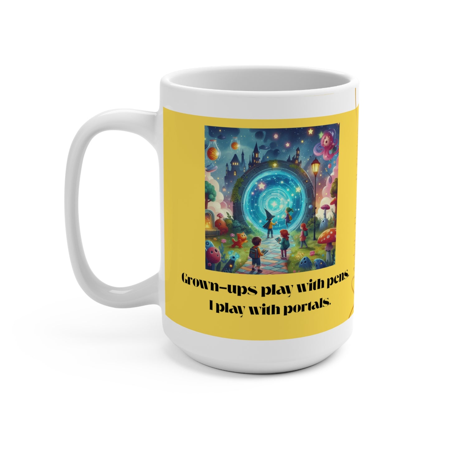 Whimsical Portal Mug, Grown-Ups Play with Pens, Unique Coffee Cup, Fantasy Drinkware, Fun Gift for Artists, Dreamy Decor