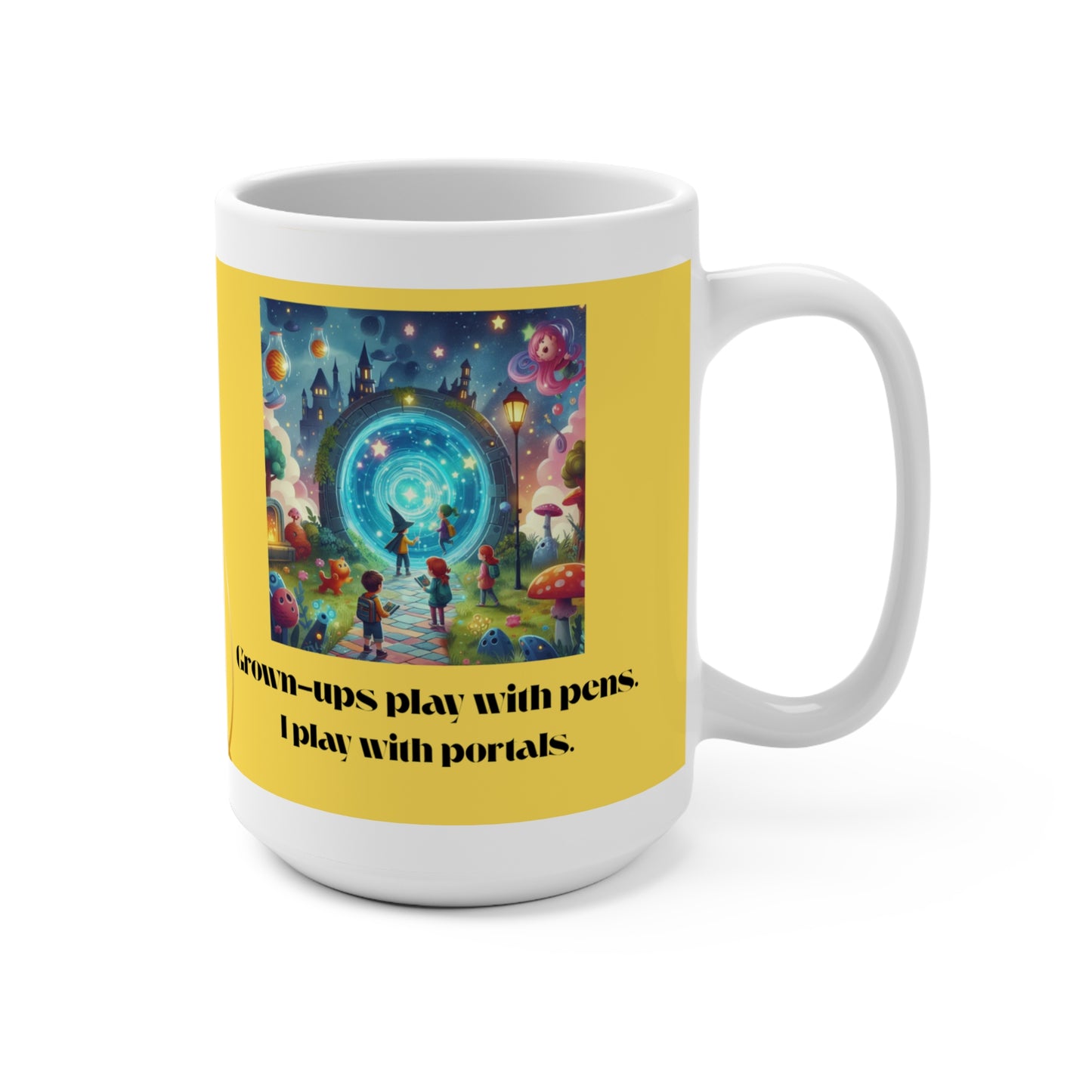 Whimsical Portal Mug, Grown-Ups Play with Pens, Unique Coffee Cup, Fantasy Drinkware, Fun Gift for Artists, Dreamy Decor