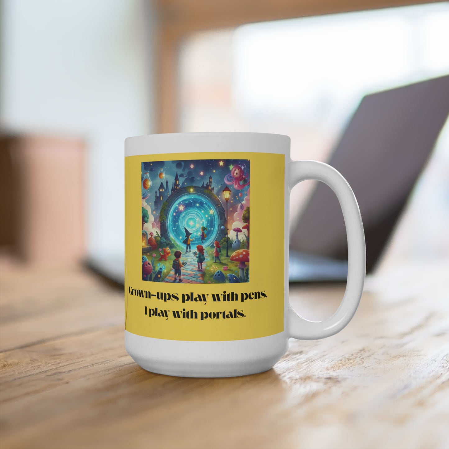 Whimsical Portal Mug, Grown-Ups Play with Pens, Unique Coffee Cup, Fantasy Drinkware, Fun Gift for Artists, Dreamy Decor